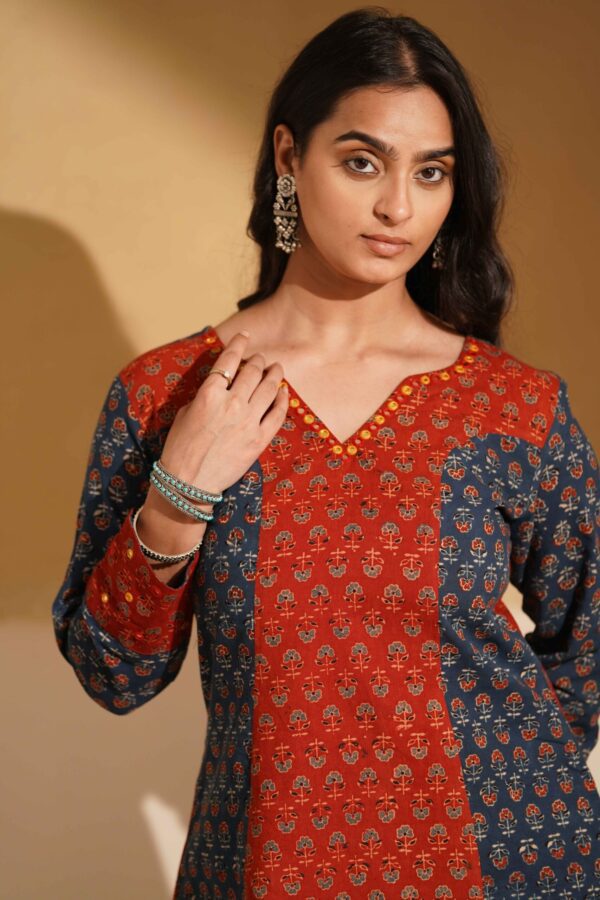 Hand Block Printed Ajrakh Cotton Short Kurta with Kalidaar Palazzo and mirror & thread hand embroidery - Image 8