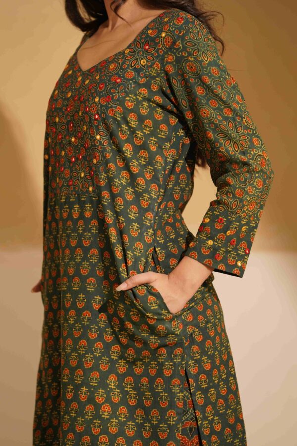 Hand Block Printed Ajrakh Cotton Straight Kurta with mirror & thread hand embroidery - Image 5