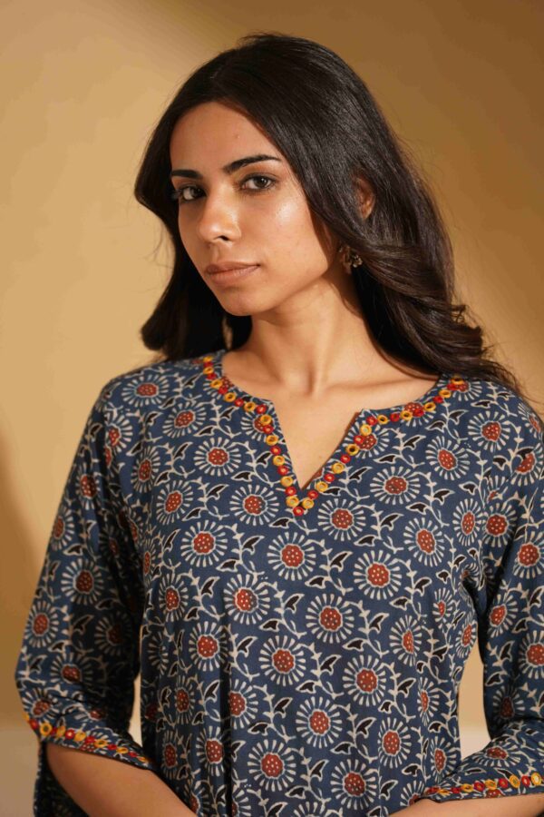 Hand Block Printed Ajrakh Cotton Straight Kurta with mirror & thread hand embroidery - Image 6