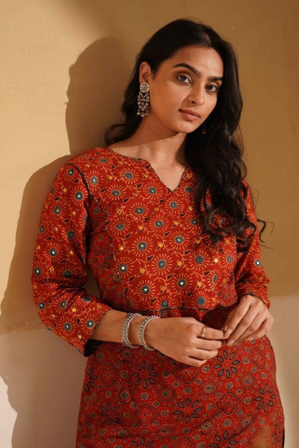 Hand Block Printed Ajrakh Cotton Straight Kurta with mirror & thread hand embroidery - Image 6