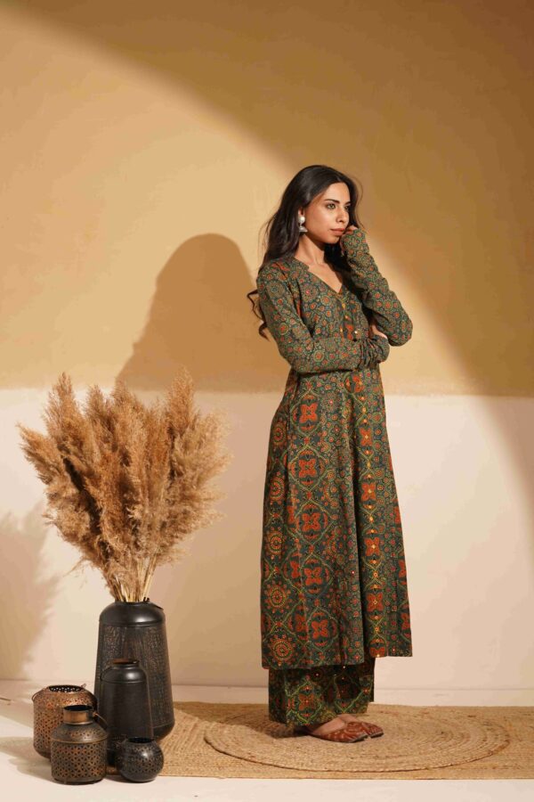 Hand Block Printed Ajrakh Cotton A-Line Kurta with mirror & thread hand embroidery - Image 5