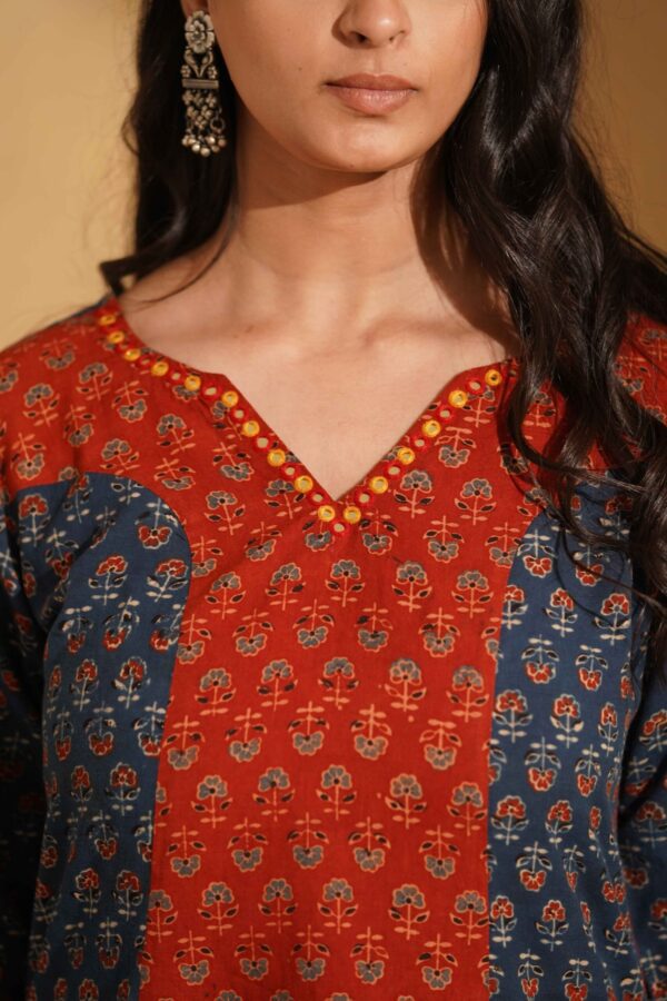 Hand Block Printed Ajrakh Cotton Short Kurta with Kalidaar Palazzo and mirror & thread hand embroidery - Image 2