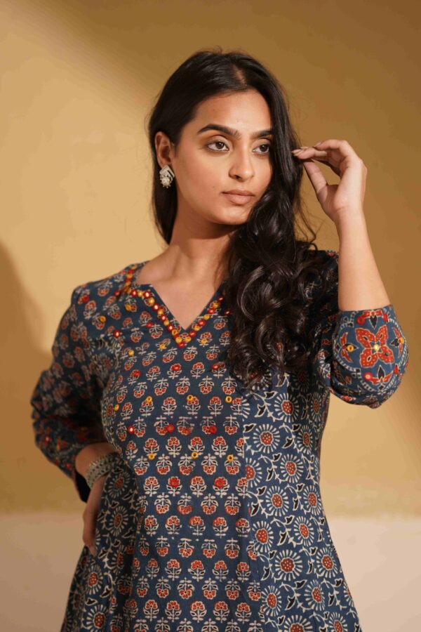 Hand Block Printed Ajrakh Cotton A-Line Kurta with mirror & thread hand embroidery - Image 6