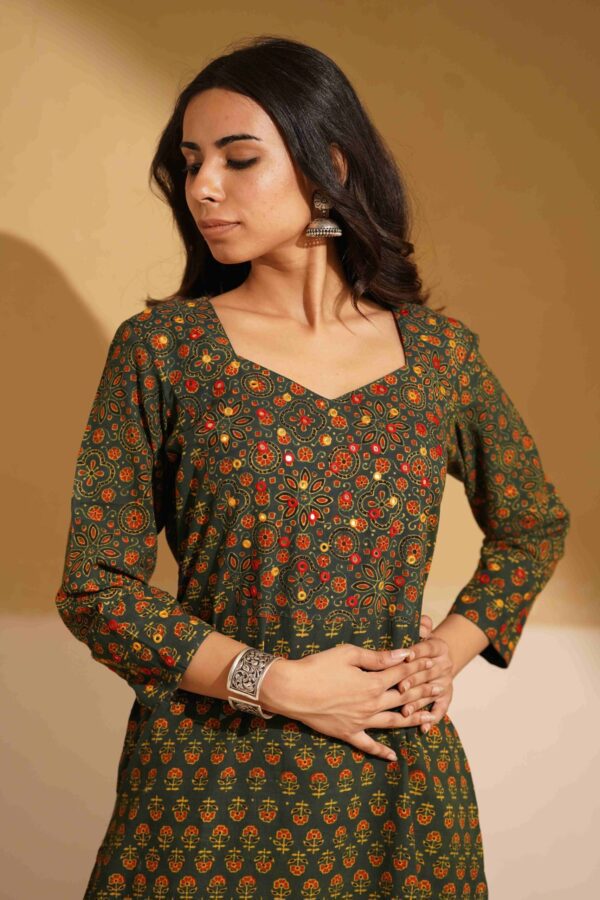 Hand Block Printed Ajrakh Cotton Straight Kurta with mirror & thread hand embroidery - Image 6