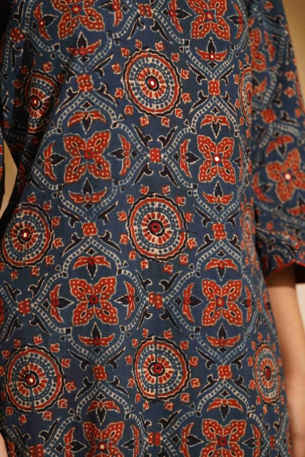 Hand Block Printed Ajrakh Cotton Straight Kurta with mirror & thread hand embroidery - Image 2