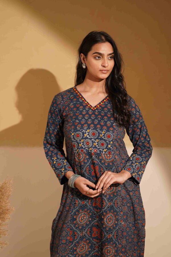 Hand Block Printed Ajrakh Cotton Straight Kurta with mirror & thread hand embroidery - Image 2