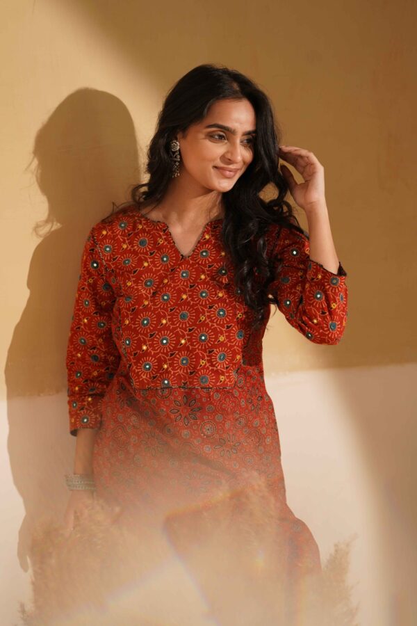 Hand Block Printed Ajrakh Cotton Straight Kurta with mirror & thread hand embroidery - Image 2