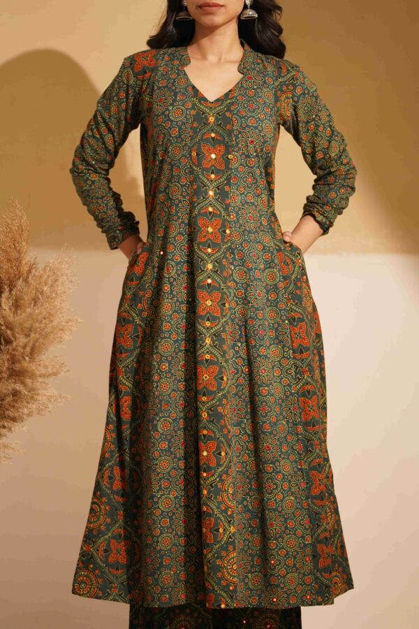 Hand Block Printed Ajrakh Cotton A-Line Kurta with mirror & thread hand embroidery - Image 6