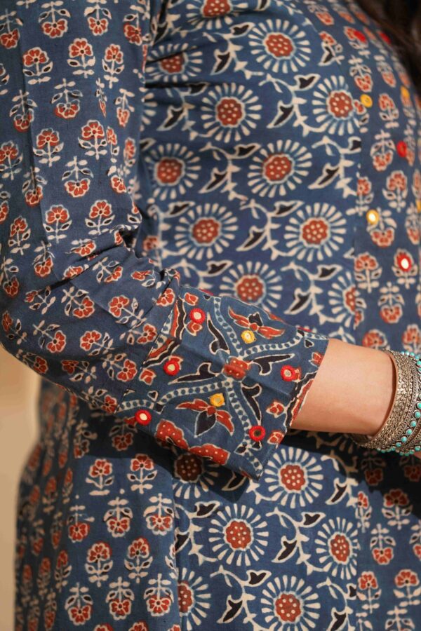 Hand Block Printed Ajrakh Cotton A-Line Kurta with mirror & thread hand embroidery - Image 7