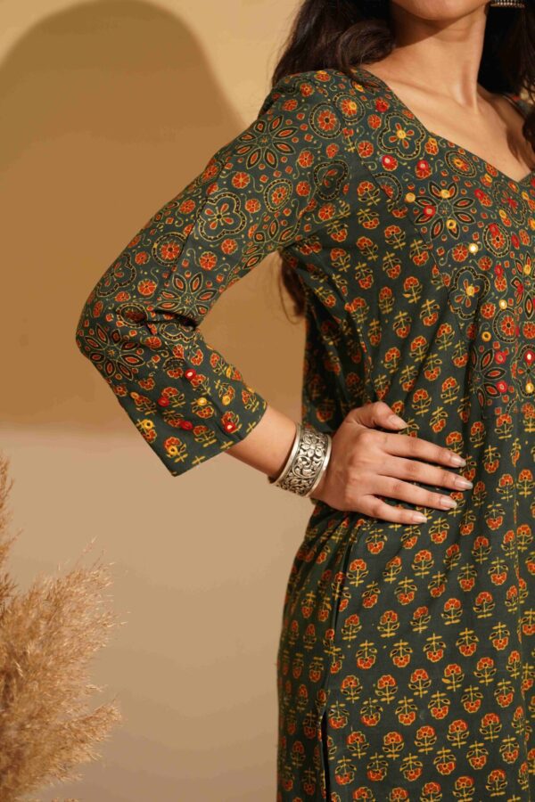 Hand Block Printed Ajrakh Cotton Straight Kurta with mirror & thread hand embroidery - Image 7