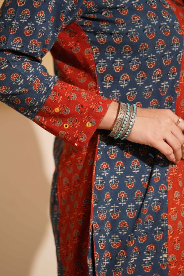 Hand Block Printed Ajrakh Cotton Short Kurta with Kalidaar Palazzo and mirror & thread hand embroidery - Image 3