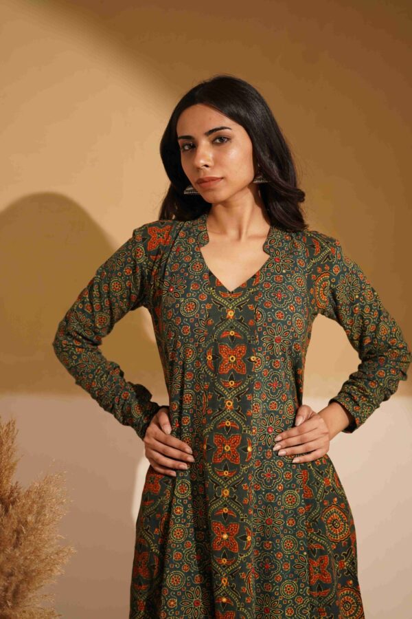 Hand Block Printed Ajrakh Cotton A-Line Kurta with mirror & thread hand embroidery - Image 7