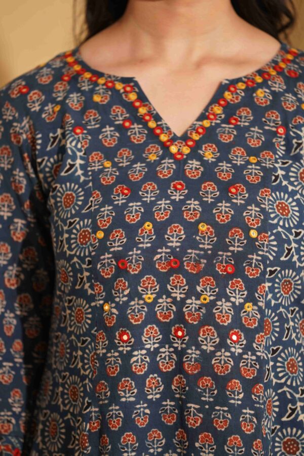 Hand Block Printed Ajrakh Cotton A-Line Kurta with mirror & thread hand embroidery - Image 8