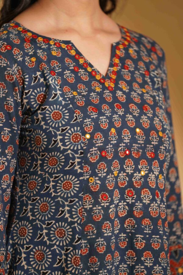 Hand Block Printed Ajrakh Cotton A-Line Kurta with mirror & thread hand embroidery - Image 9