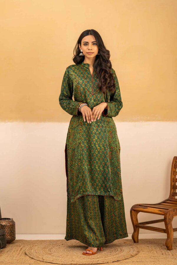 Hand Block Printed Ajrakh in Modal- Kalidar Palazzo with Kurta set - Image 9