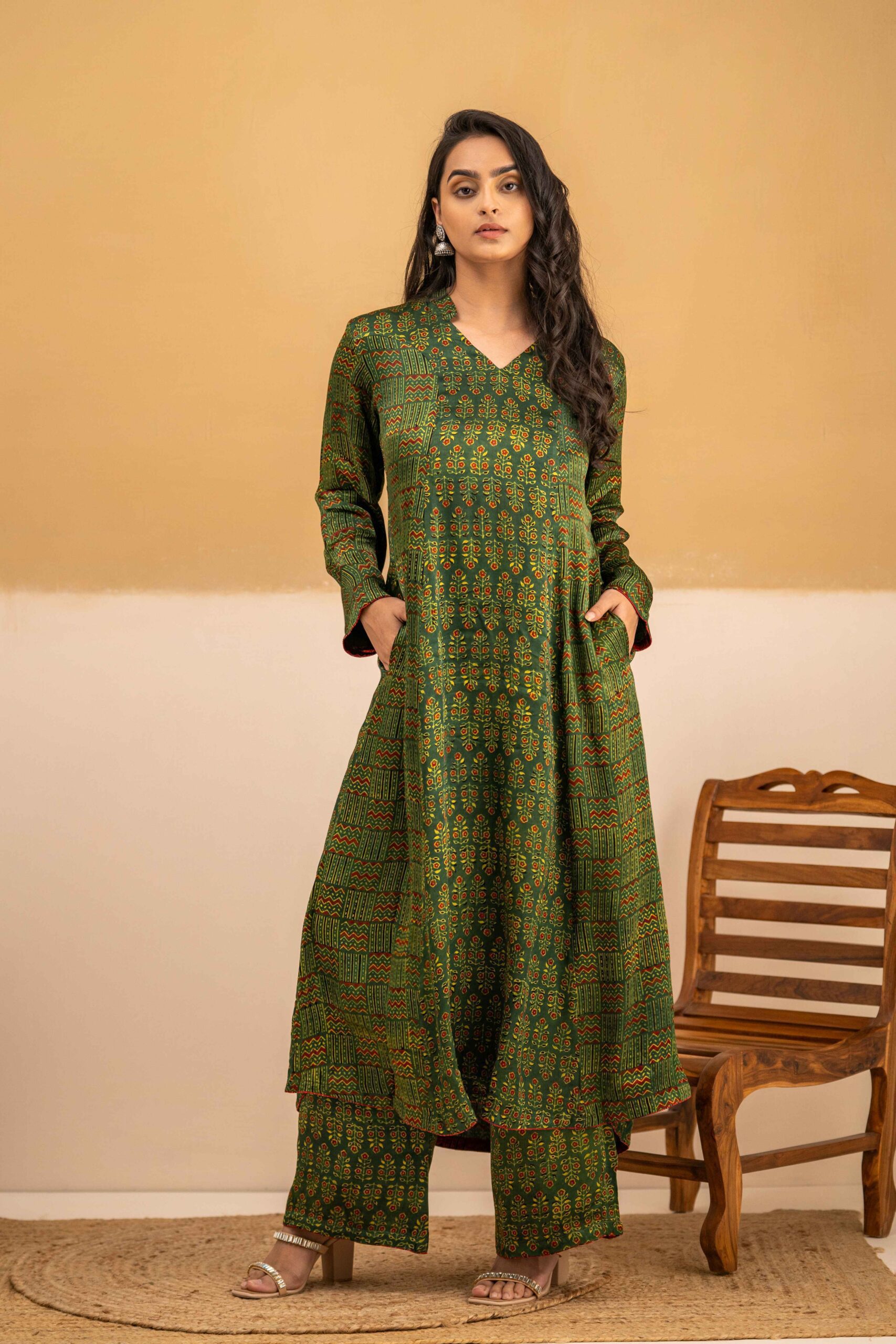 Hand Block Printed Ajrakh in Modal A-Line Kurta with Palazzo