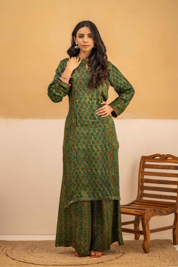 Hand Block Printed Ajrakh in Modal- Kalidar Palazzo with Kurta set - Image 8