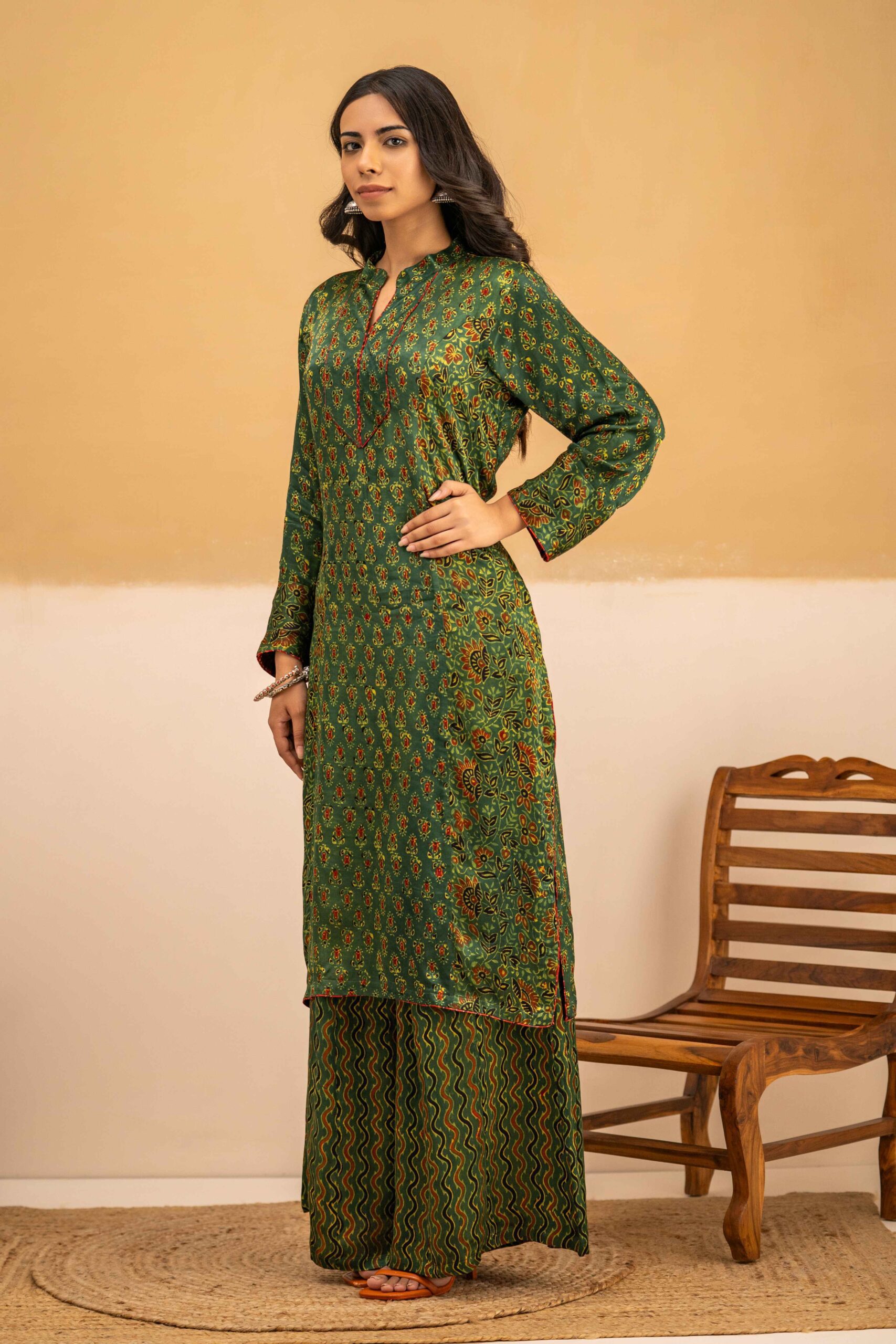 Hand Block Printed Ajrakh in Modal- Kalidar Palazzo with Kurta set