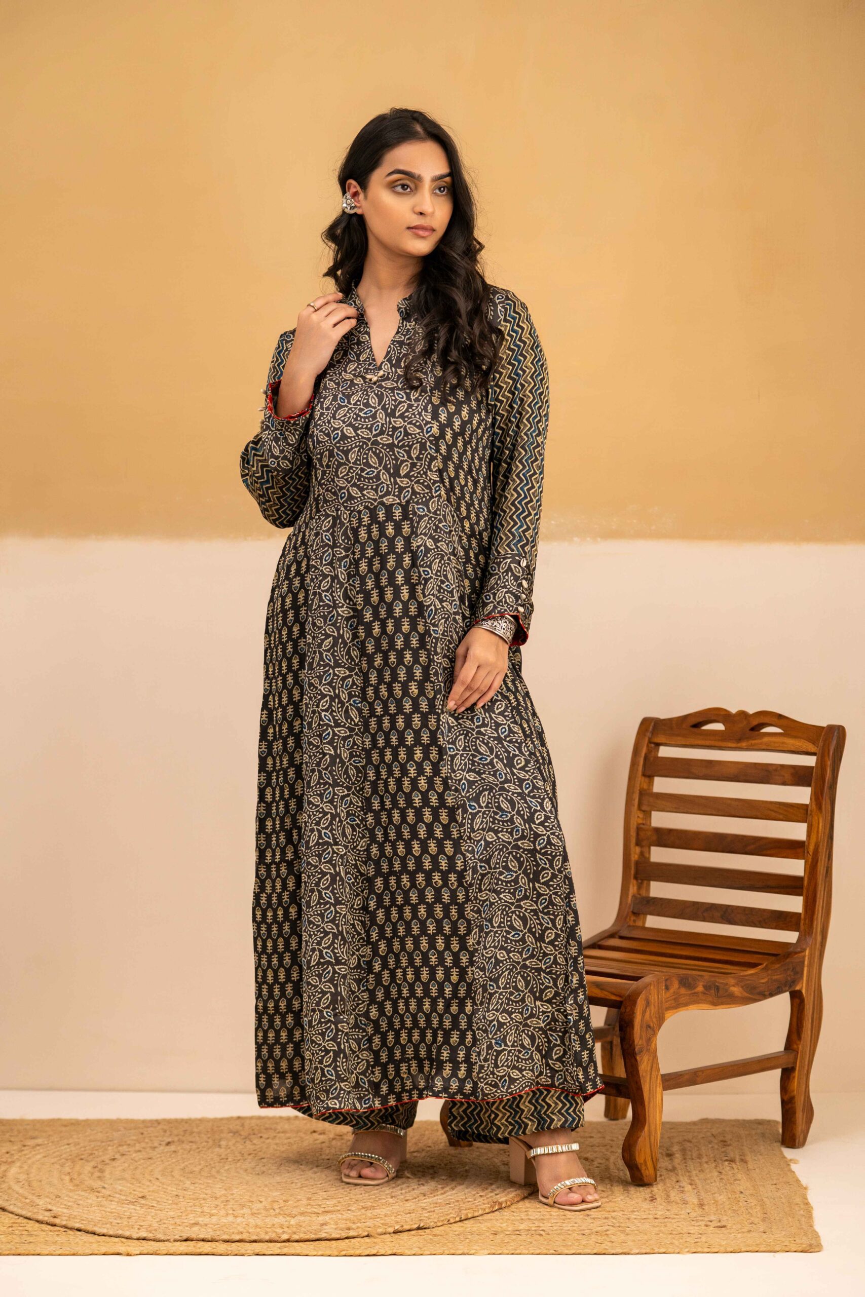 Hand Block Printed Ajrakh in Modal A-Line Kurta with Palazzo