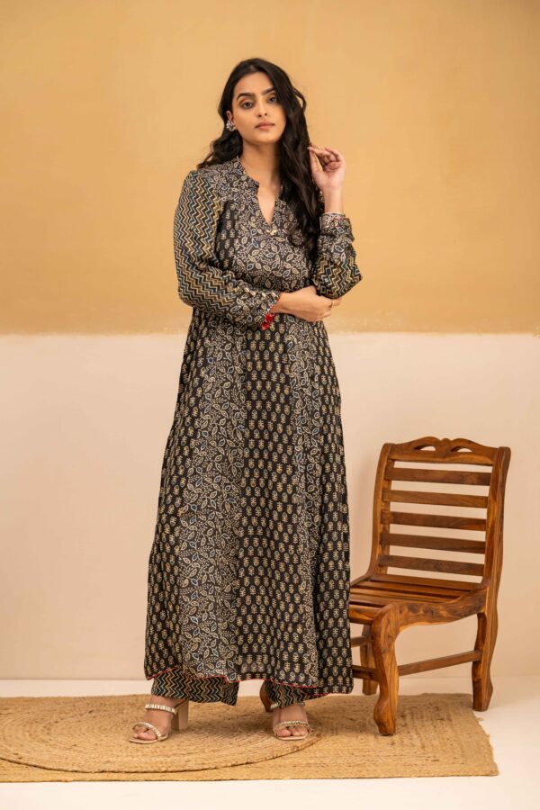 Hand Block Printed Ajrakh in Modal A-Line Kurta with Palazzo - Image 6
