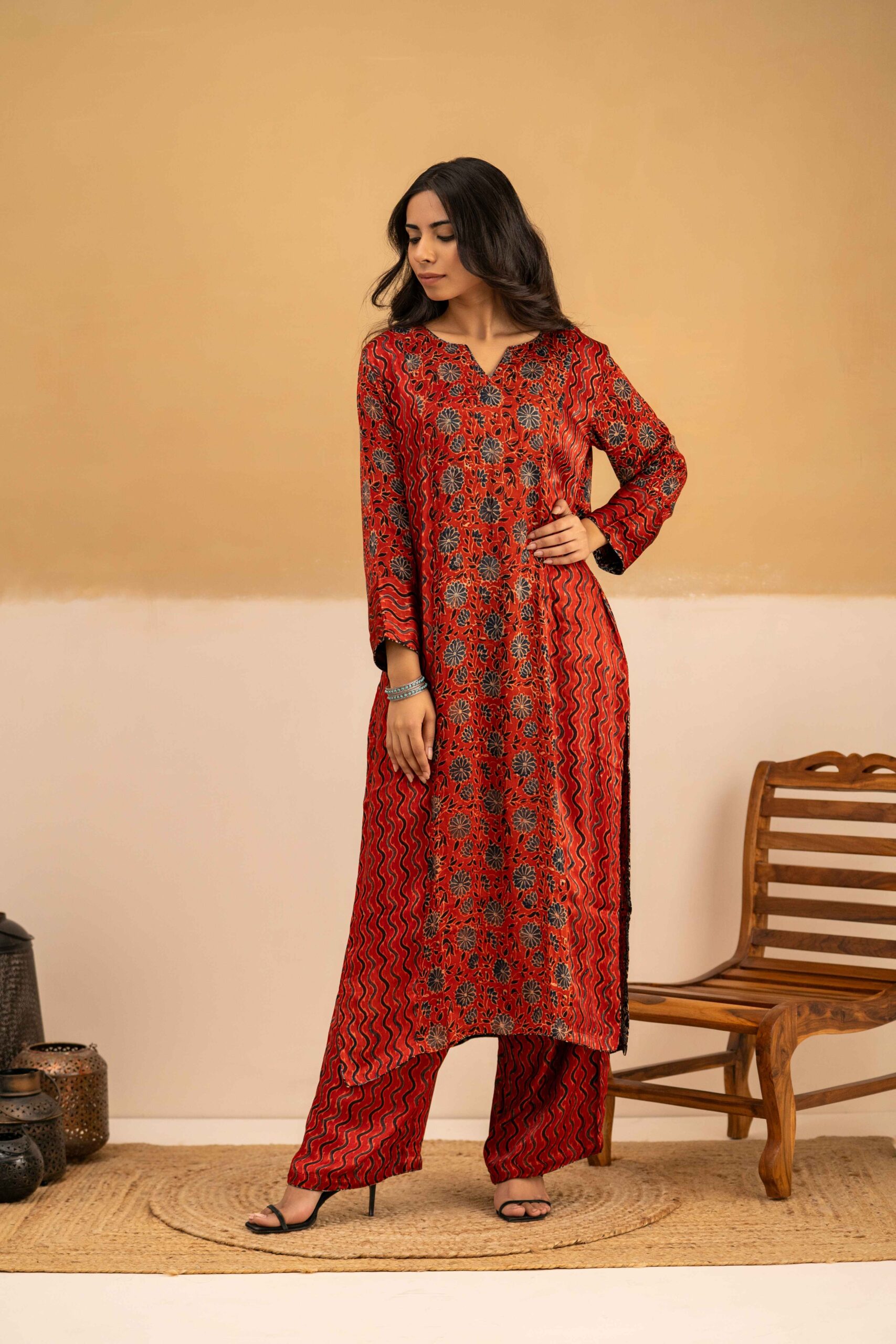 Hand Block printed Ajrakh in Modal - Straight Kurta with Palazzo
