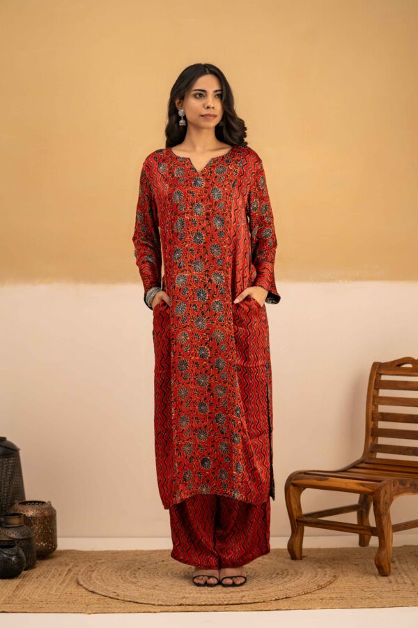 Hand Block printed Ajrakh in Modal - Straight Kurta with Palazzo - Image 3