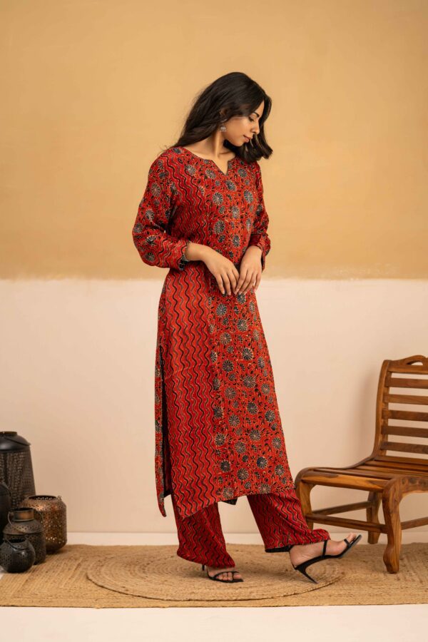 Hand Block printed Ajrakh in Modal - Straight Kurta with Palazzo - Image 2