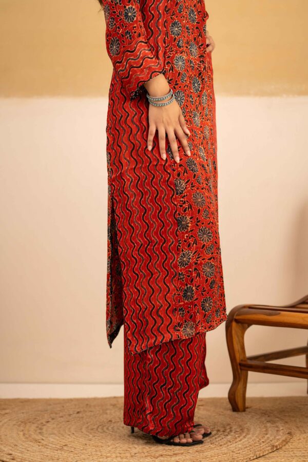 Hand Block printed Ajrakh in Modal - Straight Kurta with Palazzo - Image 4