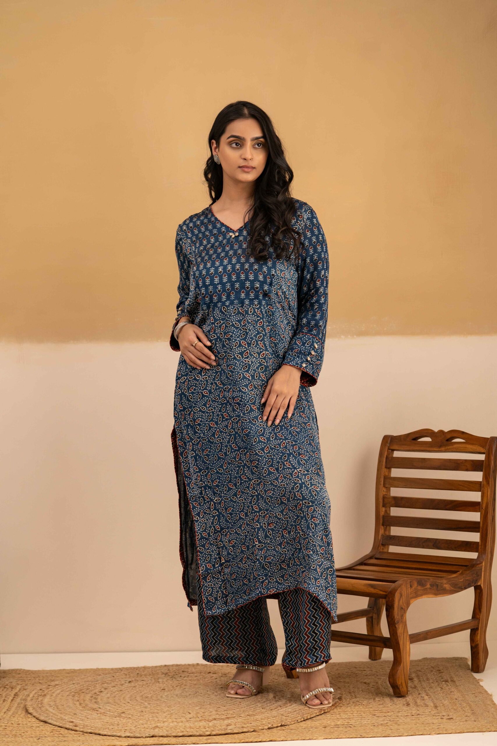 Hand Block printed Ajrakh in Modal - Straight Kurta with Palazzo