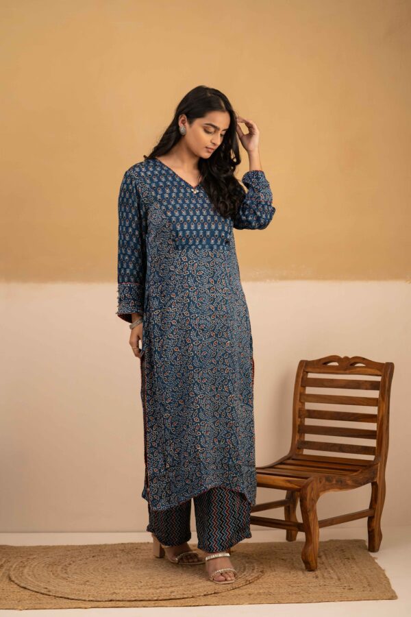 Hand Block printed Ajrakh in Modal - Straight Kurta with Palazzo - Image 3