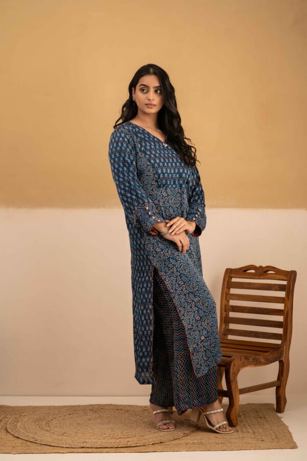 Hand Block printed Ajrakh in Modal - Straight Kurta with Palazzo - Image 2