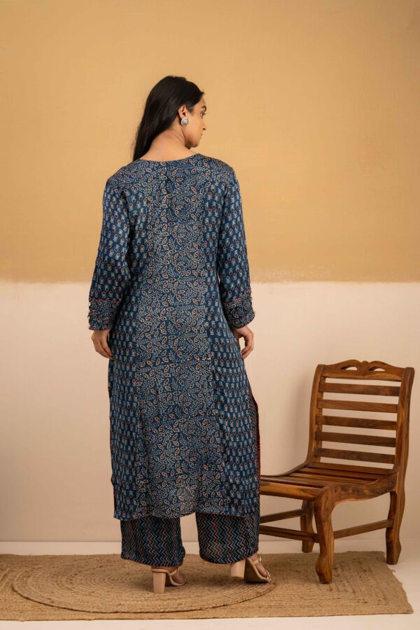 Hand Block printed Ajrakh in Modal - Straight Kurta with Palazzo - Image 7