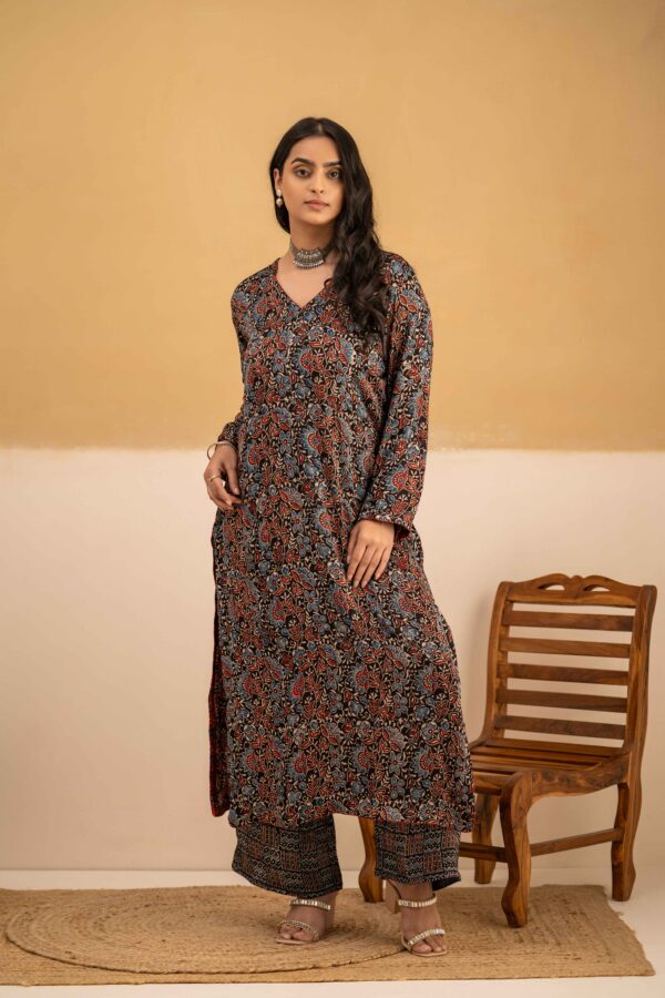 Hand Block Printed Ajrakh in Modal Straight Kurta with Palazzo - Image 4