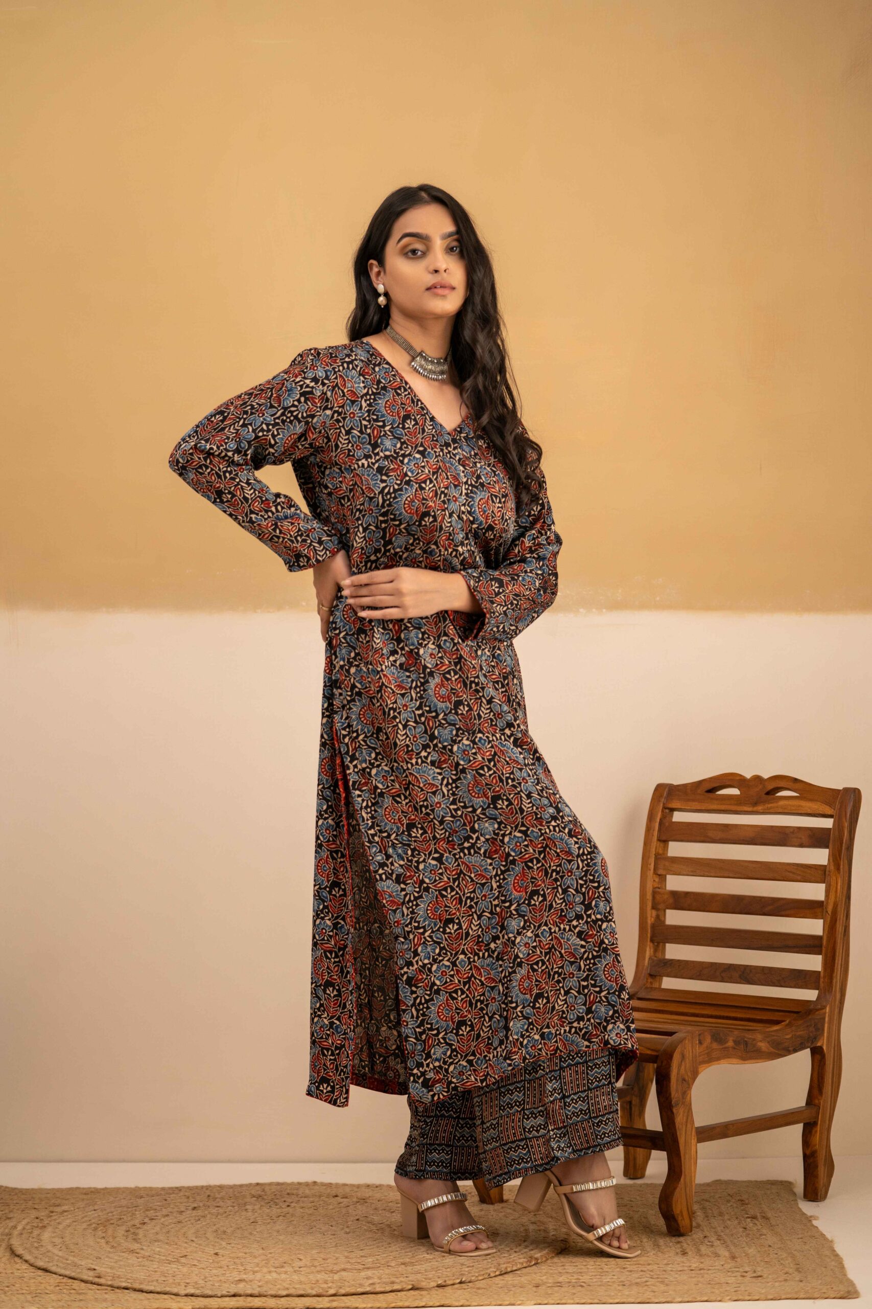 Hand Block Printed Ajrakh in Modal Straight Kurta with Palazzo