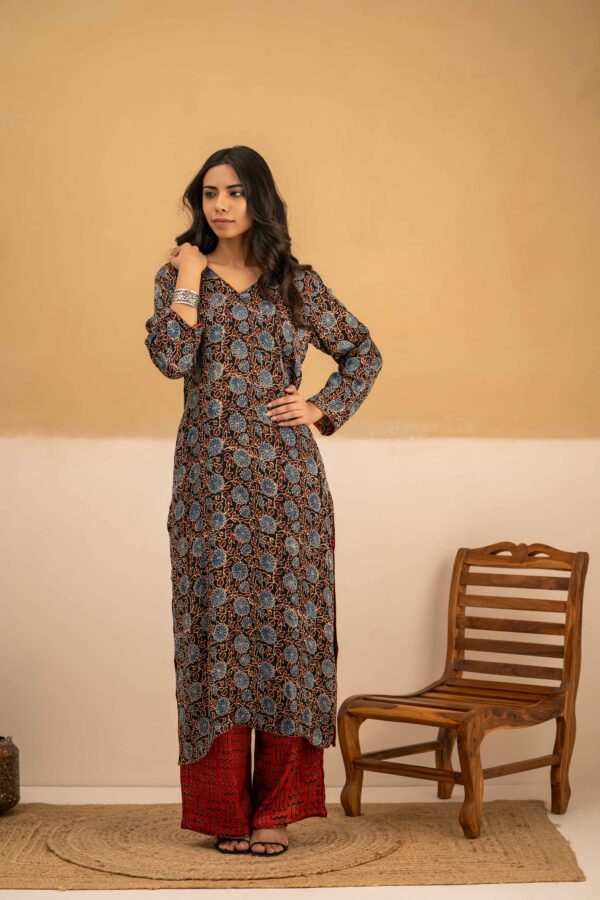 Hand Block printed Ajrakh in Modal - Straight Kurta with Palazzo - Image 5