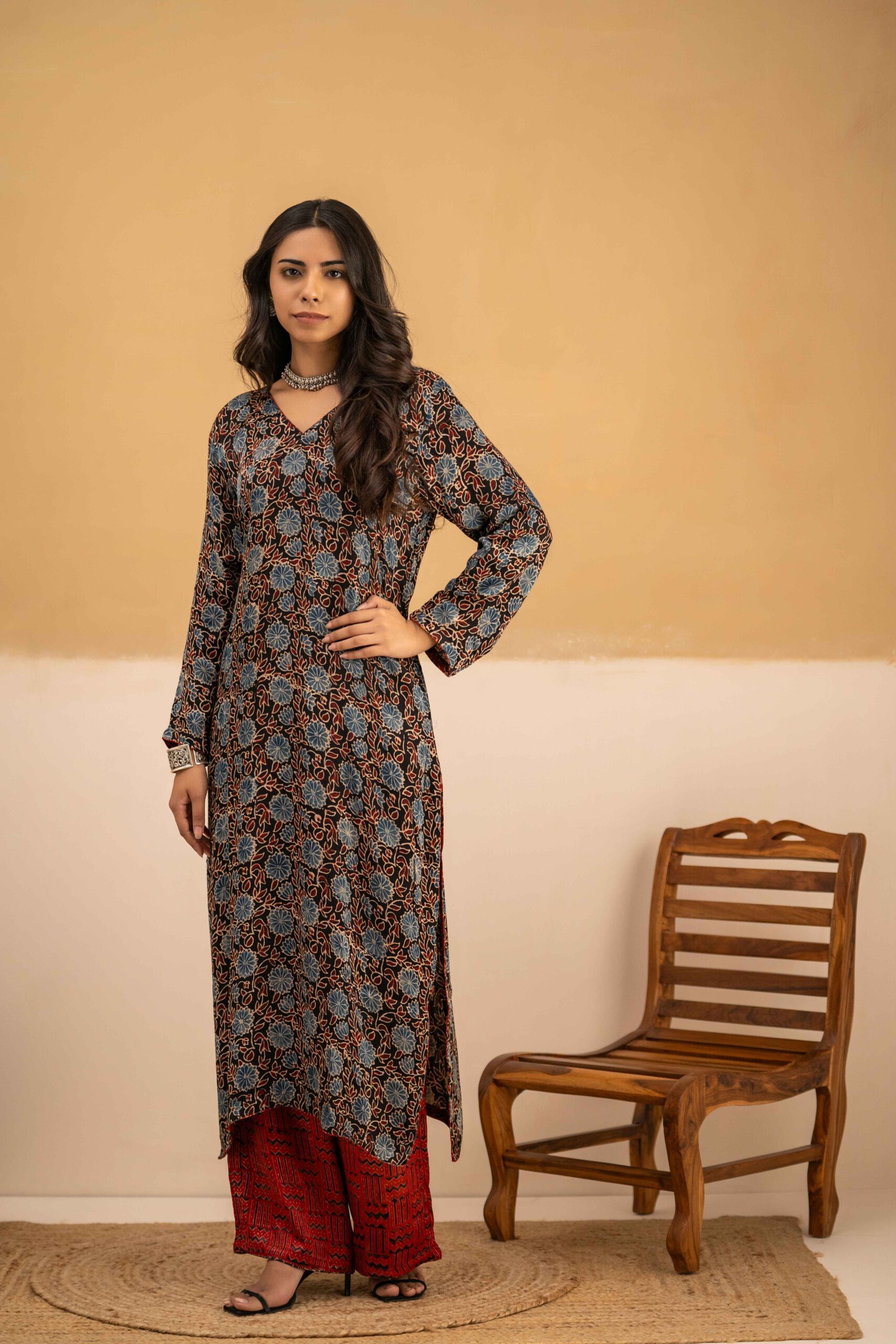 Hand Block printed Ajrakh in Modal - Straight Kurta with Palazzo