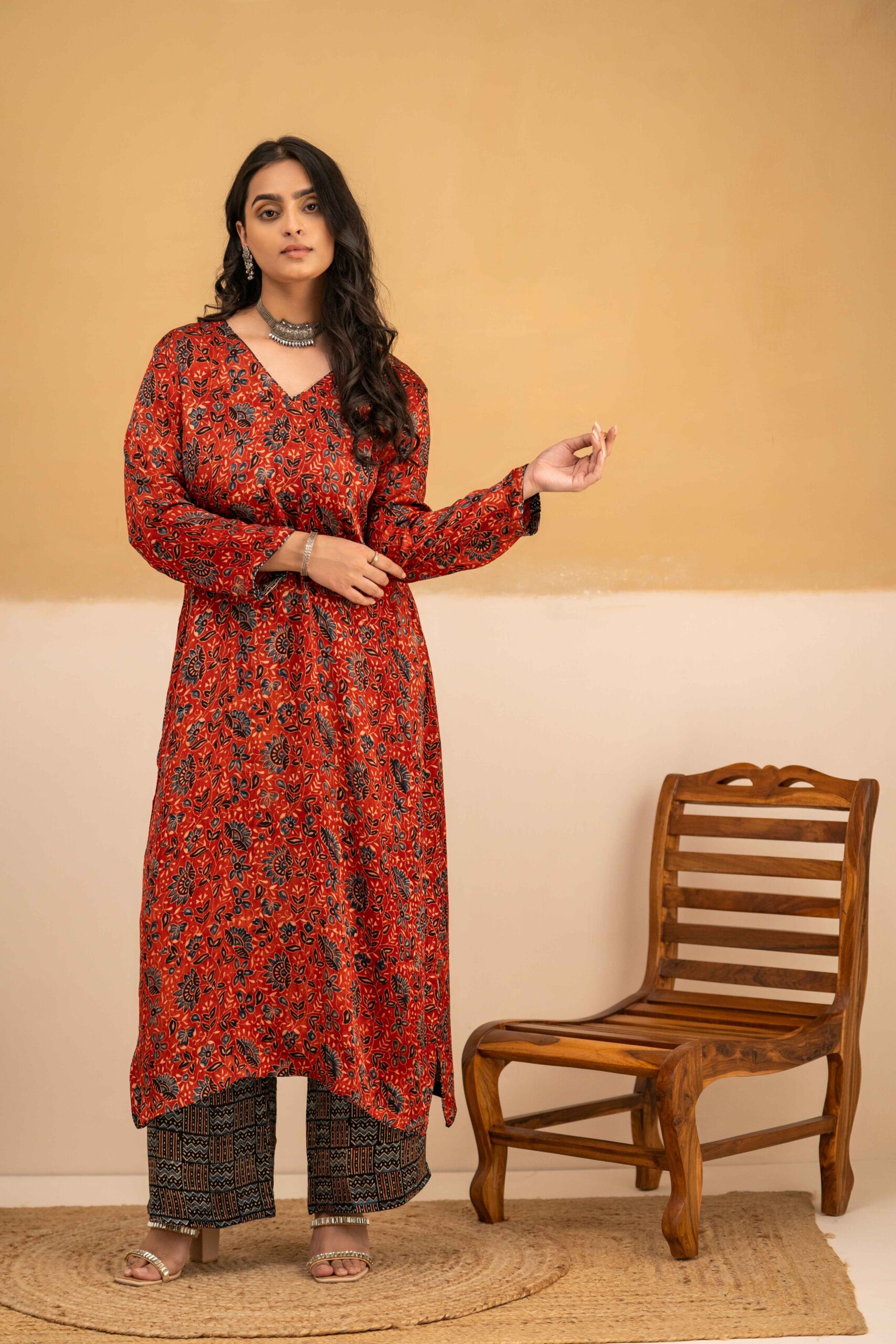 Hand Block printed Ajrakh in Modal - Straight Kurta with Palazzo