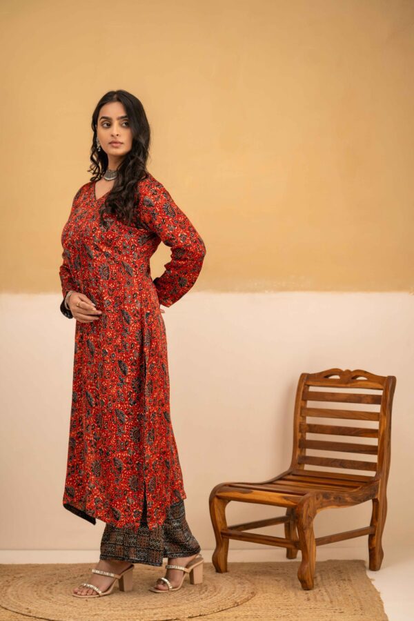 Hand Block printed Ajrakh in Modal - Straight Kurta with Palazzo - Image 5