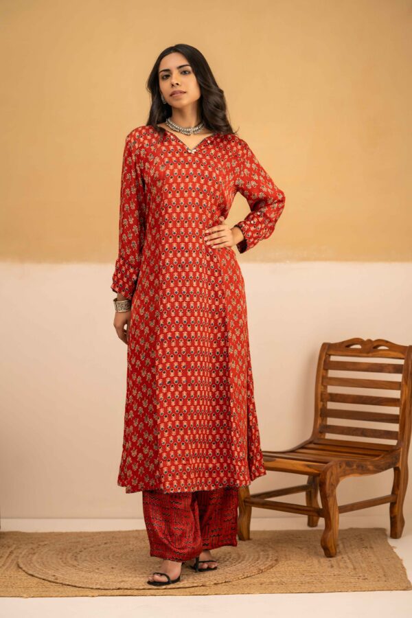 Hand Block printed Ajrakh in Modal - Straight Kurta with Palazzo - Image 3