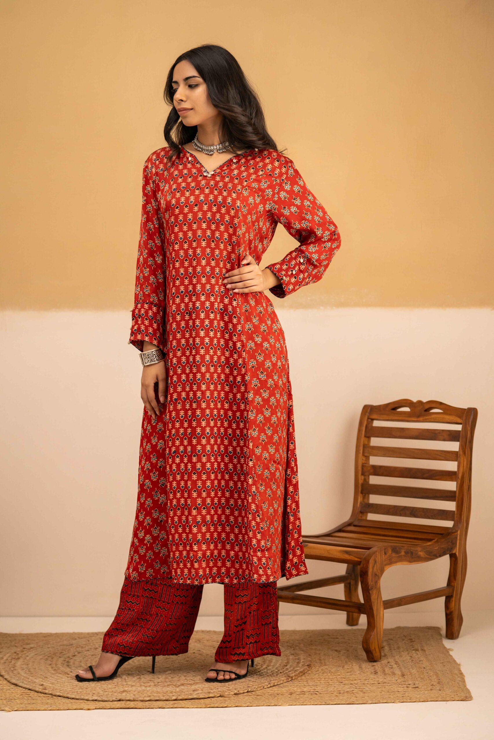 Hand Block printed Ajrakh in Modal - Straight Kurta with Palazzo