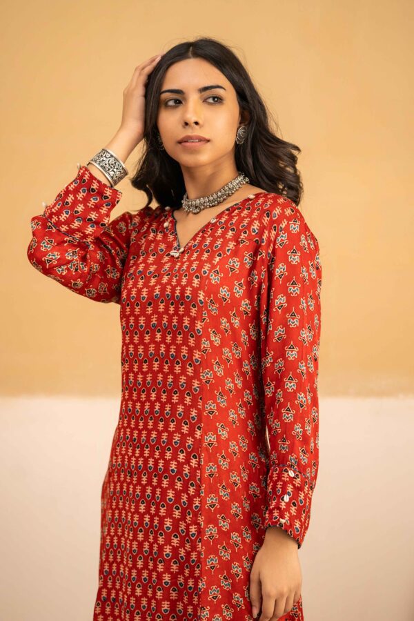 Hand Block printed Ajrakh in Modal - Straight Kurta with Palazzo - Image 7