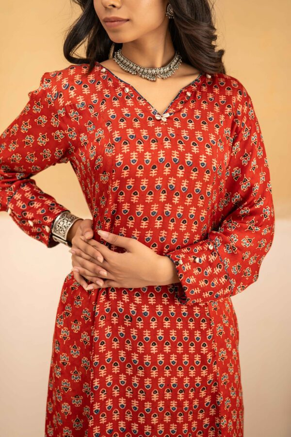 Hand Block printed Ajrakh in Modal - Straight Kurta with Palazzo - Image 6