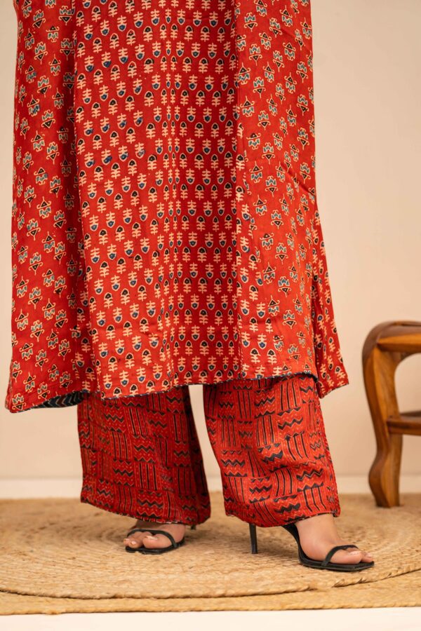 Hand Block printed Ajrakh in Modal - Straight Kurta with Palazzo - Image 5