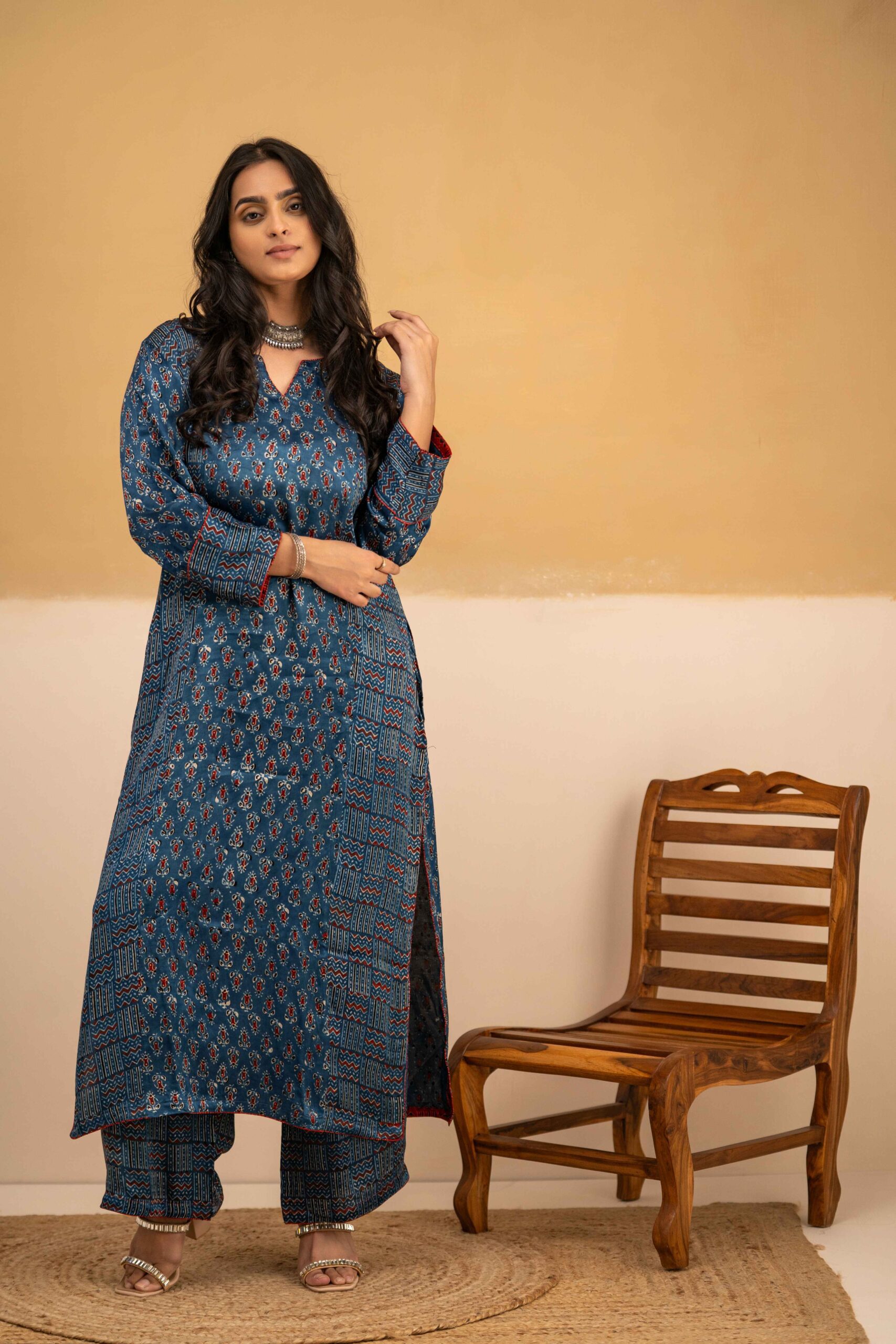 Hand Block printed Ajrakh in Modal - Straight Kurta with Palazzo