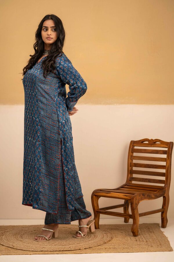 Hand Block printed Ajrakh in Modal - Straight Kurta with Palazzo - Image 4