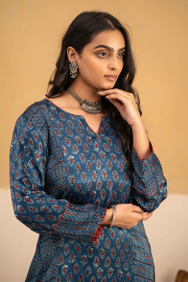 Hand Block printed Ajrakh in Modal - Straight Kurta with Palazzo - Image 2