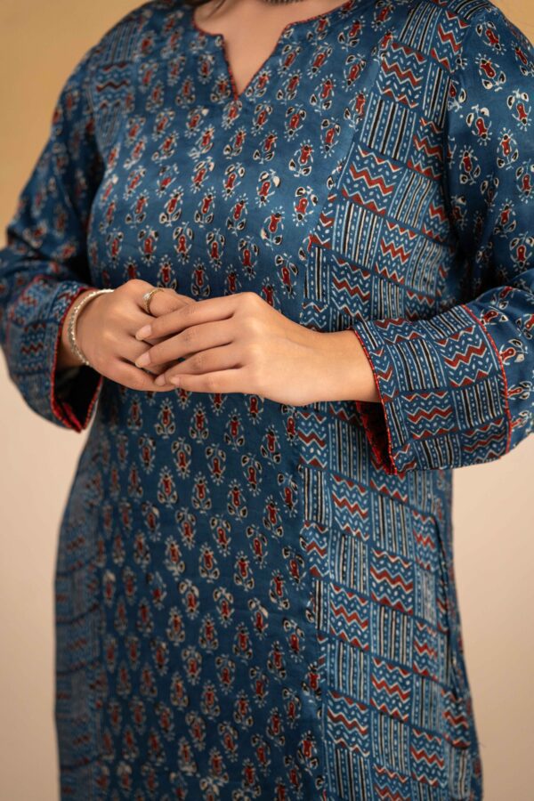 Hand Block printed Ajrakh in Modal - Straight Kurta with Palazzo - Image 7