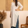 Hand woven Kala Cotton Off-White Staright Kurta with Indigo Kala Cotton Palazzo- Set of 2 - Image 7