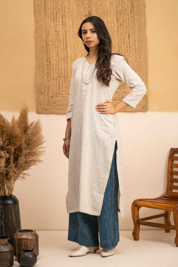 Hand woven Kala Cotton Off-White Staright Kurta with Indigo Kala Cotton Palazzo- Set of 2 - Image 7