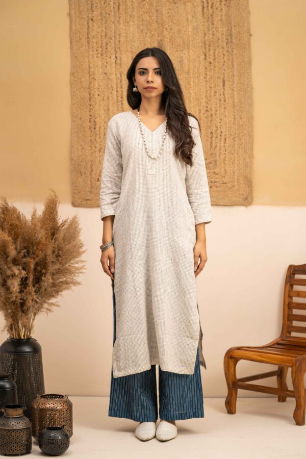 Hand woven Kala Cotton Off-White Staright Kurta with Indigo Kala Cotton Palazzo- Set of 2